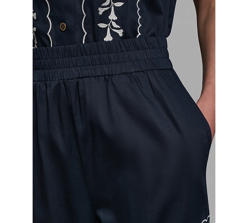 Karl Lagerfeld Paris Petite Embroidered Mid-Rise Floral Pants