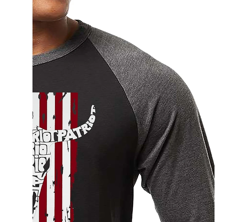 La Pop Art Men's Patriot Cow Skull American Flag Word Raglan-Sleeve T-Shirt