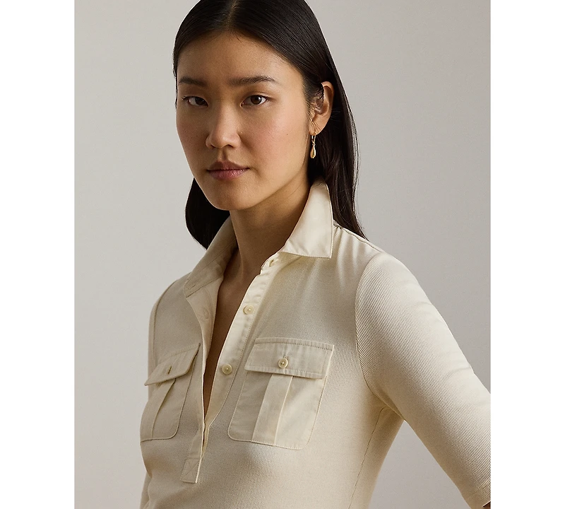 Lauren Ralph Petite Rib-Knit Slim Fit Collared Top