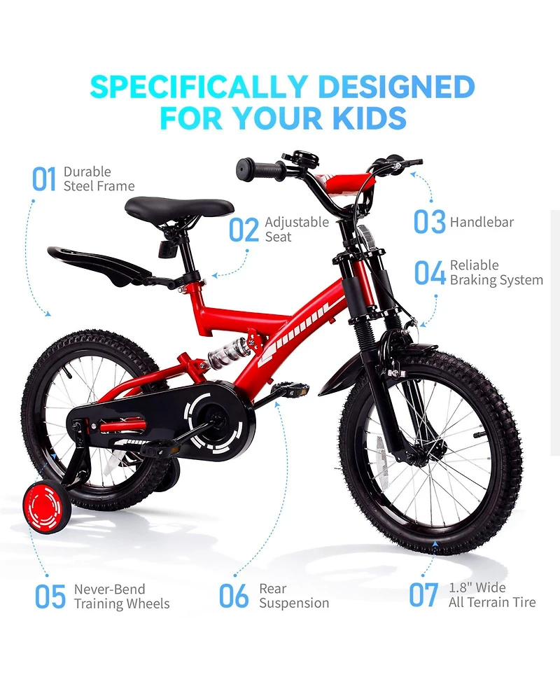18" Kids Bike with Adjustable Seat, Dual Brakes, Suspension and Training Wheels for Ages 6–9