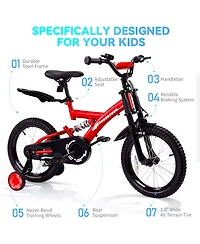 18" Kids Bike with Adjustable Seat, Dual Brakes, Suspension and Training Wheels for Ages 6–9