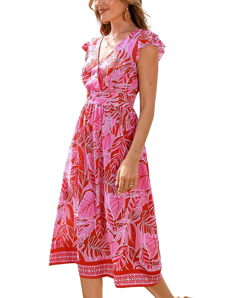 Cupshe Women's Printed V-Neck Flutter Sleeve Beach Dress