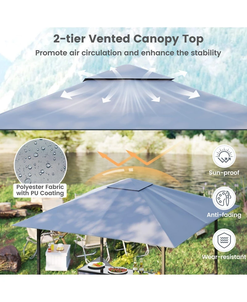 Sugift 3-Piece Patio Bar Set 8 x 8 Ft Double-Tier Grill Gazebo with 2 Bar Stools