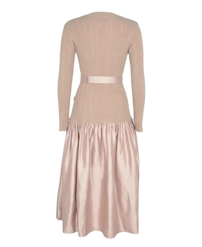 Modenaire Women's Ribbed Knit Satin Belted Midi Dress