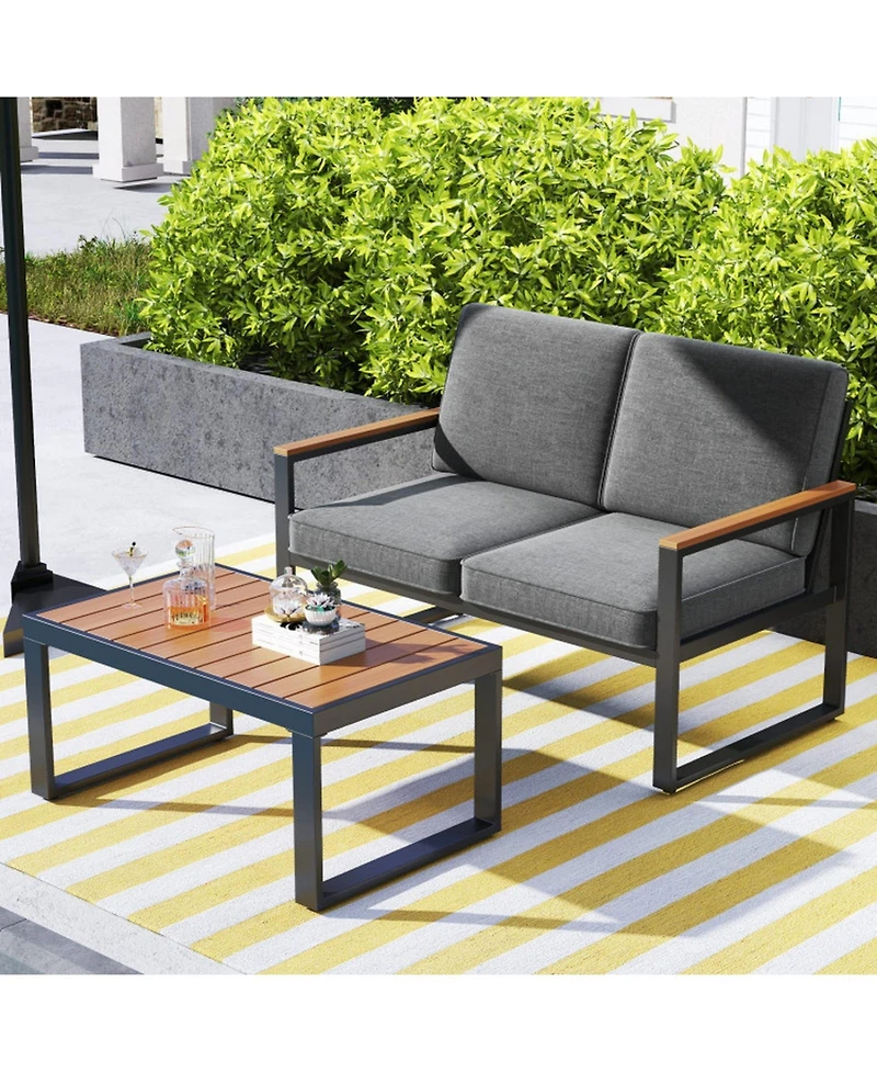 Gouun 4-Piece Outdoor Aluminum Patio Conversation Set with Loveseat, 2 Armchairs and Wood-Plastic Coffee Table