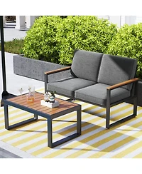 Gouun 4-Piece Outdoor Aluminum Patio Conversation Set with Loveseat, 2 Armchairs and Wood-Plastic Coffee Table