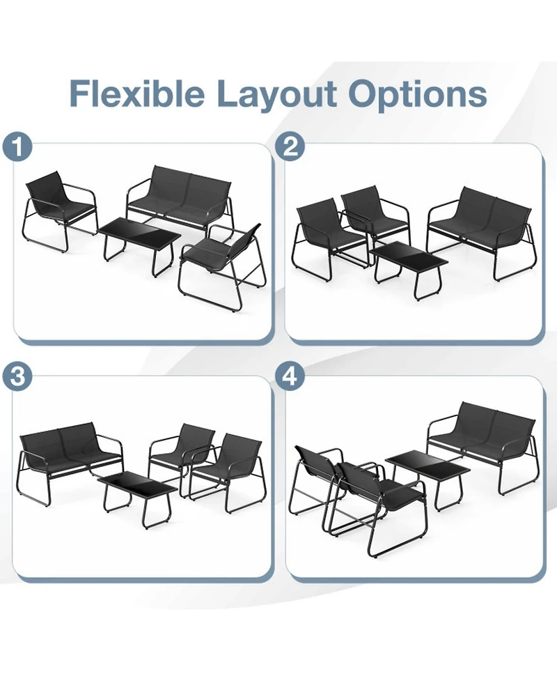 Gouun 4 Piece Patio Furniture Set, Fabric Outdoor Chairs and Loveseat with Tempered Glass Coffee Table