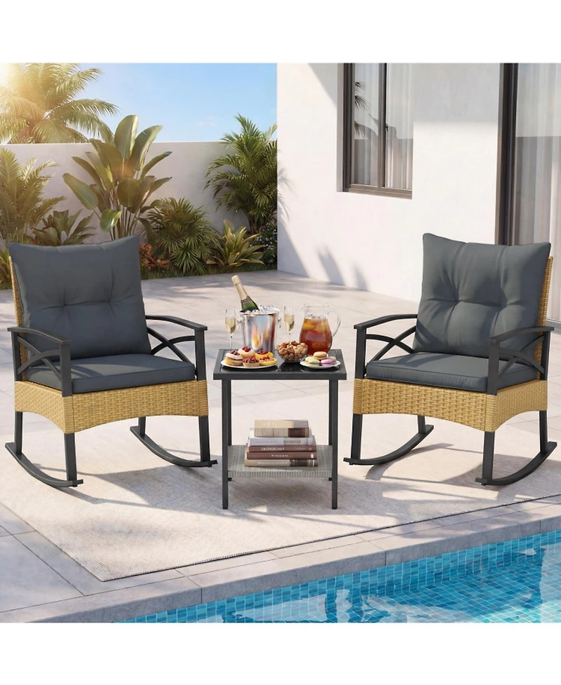 Gouun 3-Piece Outdoor Rattan Rocking Chair Set with 2-Tier Side Table for Backyard