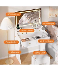 gaomon Vanity Table Set with Mirror and Chair, Power Outlet, Hairdryer Holder, 5 Drawers, Cushioned Stool for Bedroom, Dressing Table