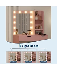 gaomon Modern Makeup Vanity Desk with Lighted Mirror, 4 Drawers, 3 Lighting Modes, Open Shelves, Built-in Power Outlets, Small Bedroom Dressing Table