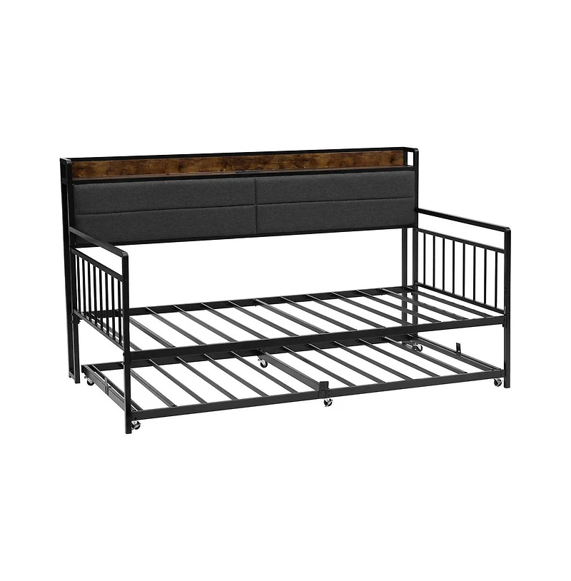 Sugift Daybed with Trundle and Charging Station Heavy Duty Metal Platform