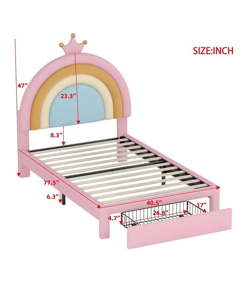 Rainsken Upholstered Kids Bed Frame with Drawer, Rainbow Design Platform Bed, Velvet Princess Bed, No Box-Spring Needed