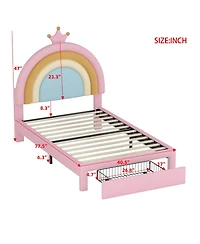 Rainsken Upholstered Kids Bed Frame with Drawer, Rainbow Design Platform Bed, Velvet Princess Bed, No Box-Spring Needed