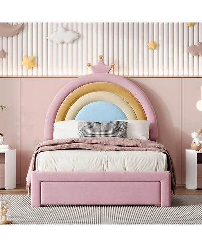 Rainsken Upholstered Kids Bed Frame with Drawer, Rainbow Design Platform Bed, Velvet Princess Bed, No Box-Spring Needed, Colorful