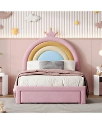 Rainsken Upholstered Kids Bed Frame With Drawer Rainbow Design Platform Bed Velvet Princess Bed No Box Spring Needed Colorful