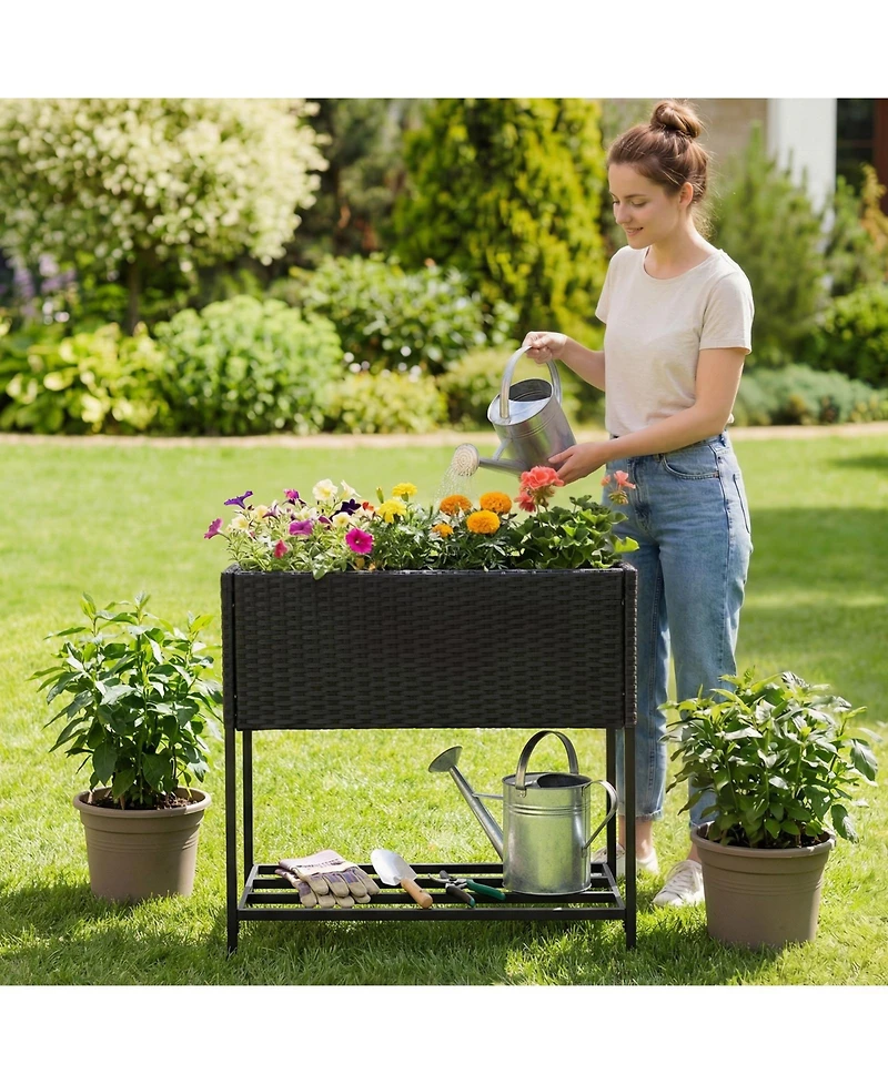 Gymax Elevated Planter Box Raised Garden Bed With Rattan Surface Bottom Storage Shelf