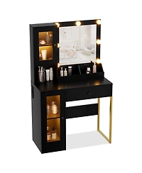 gaomon Makeup Vanity Desk with Mirror and Rgb Led Lights, Charging Station, 2 Acrylic-Door Cabinets, Open Compartments, Wooden Dressing Table