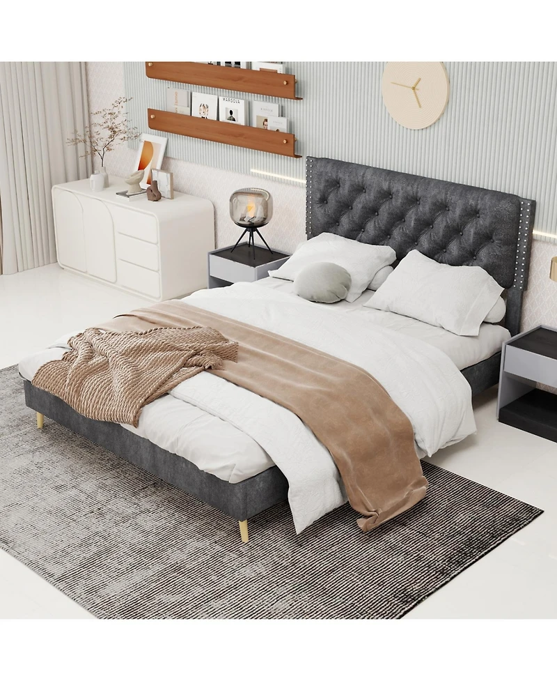 Rainsken Bed Frame, with Suede Upholstered Headboard, Under Storage, Wood Slats Support, No Box Spring Needed, Easy Assembly