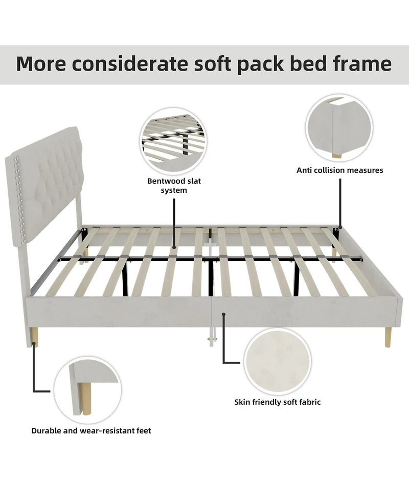 Rainsken Bed Frame, with Suede Upholstered Headboard, Under Storage, Wood Slats Support, No Box Spring Needed