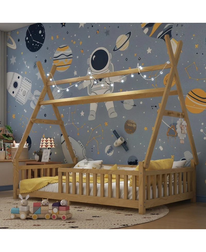 Rainsken Montesori Floor Bed for Kids, with Light and Slats, Wood Teepee Bed, Low House No Box Spring Needed