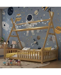 Rainsken Montesori Floor Bed for Kids, with Light and Slats, Wood Teepee Bed, Low House No Box Spring Needed