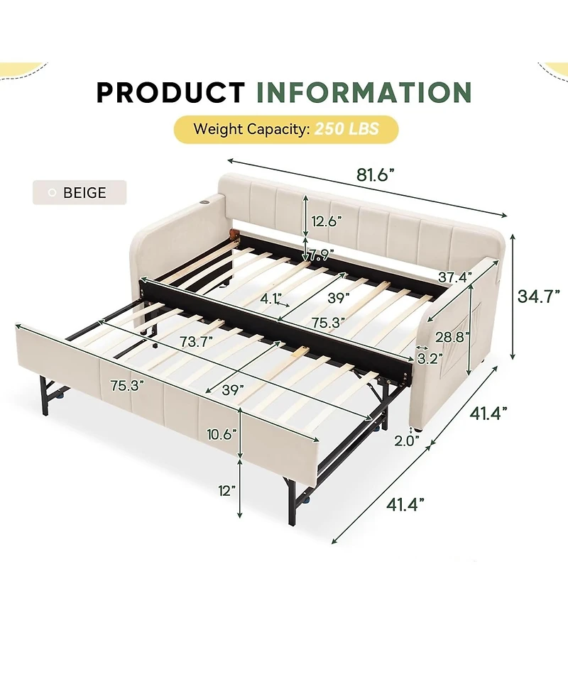 Rainsken Twin Daybed with Trundle, Velvet Upholstered Sofa Bed Frame Usb Port, Side Pockets and Wood Slat Support for Living Room