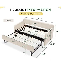 Rainsken Twin Daybed with Trundle, Velvet Upholstered Sofa Bed Frame Usb Port, Side Pockets and Wood Slat Support for Living Room
