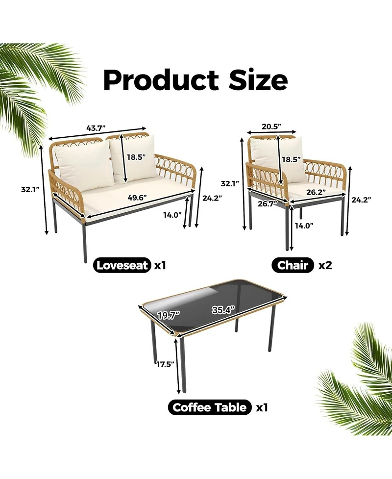 gaomon 4-Piece Patio Seating Set with Glass Coffee Table, Wicker and Cushions