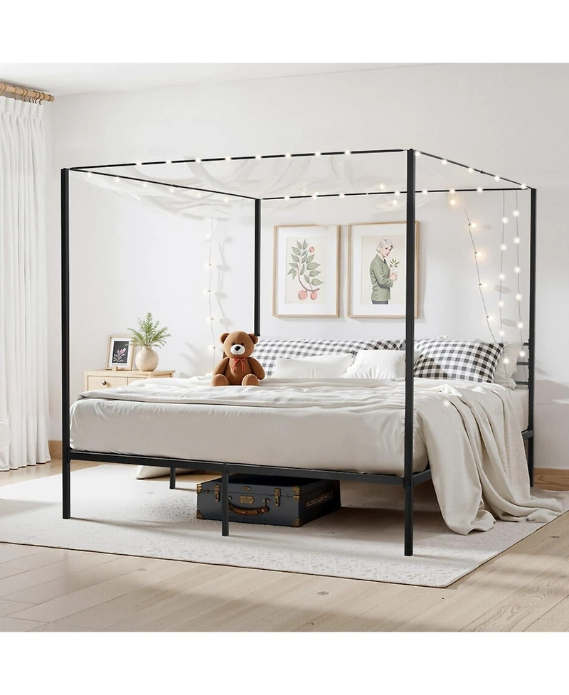 Sugift King Canopy Bed Frame Metal Four Poster with Charging Station and Storage