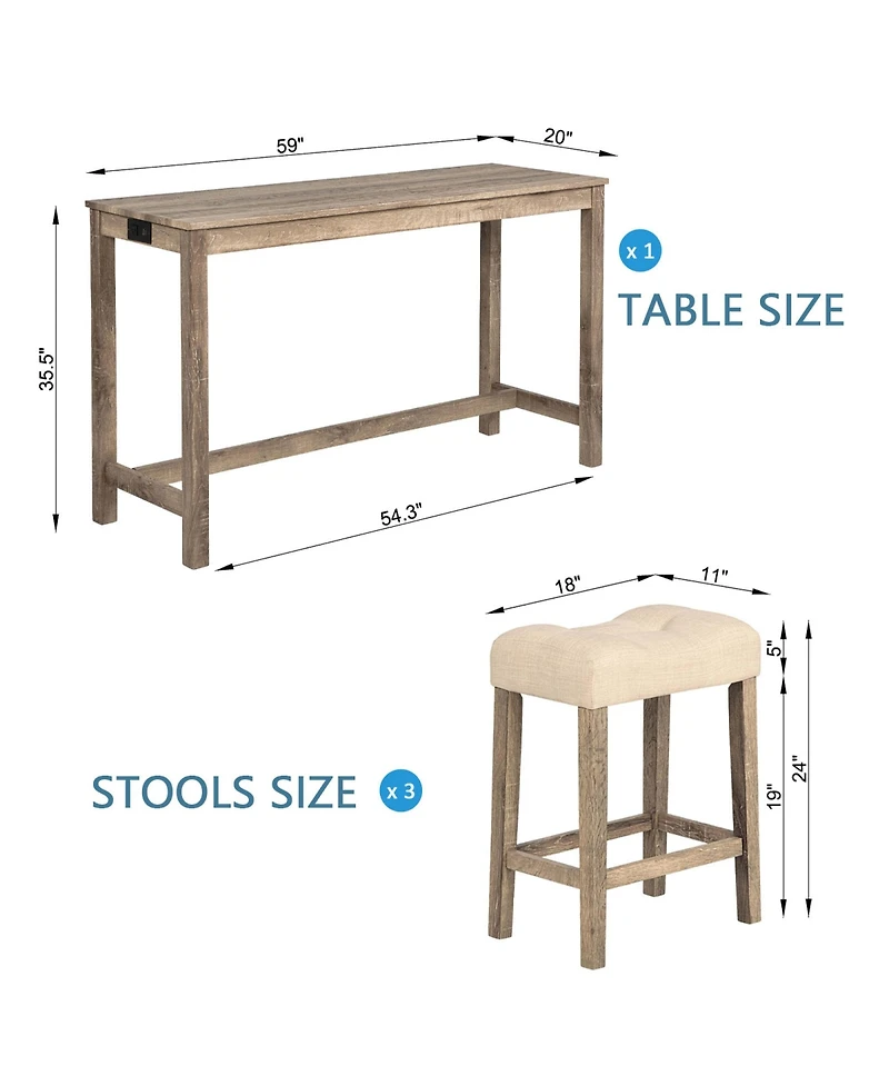 Rainsken Bar Table and Chairs Set of 4, Industrial Height Dining with 3 Padded Stools Power Outlet for Living Room