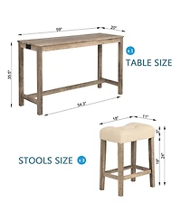 Rainsken Bar Table and Chairs Set of 4, Industrial Height Dining with 3 Padded Stools Power Outlet for Living Room