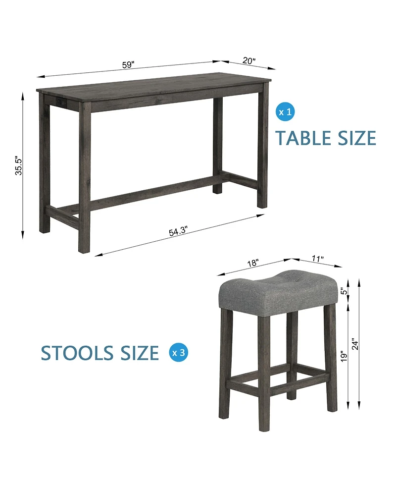 Rainsken Bar Table and Chairs Set of 4, Industrial Height Dining with 3 Padded Stools Power Outlet for Living Room