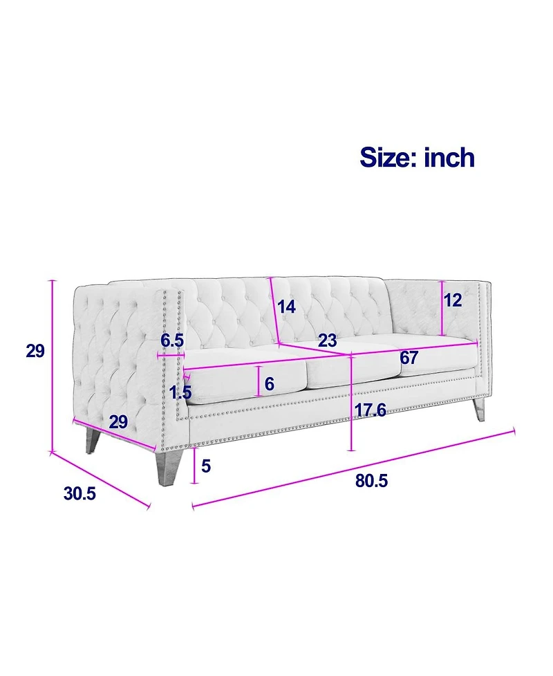 Maison Boucle 80.5'' Velvet Chesterfield Sofa Couch, Tufted 3-Seater, Nailhead Trim