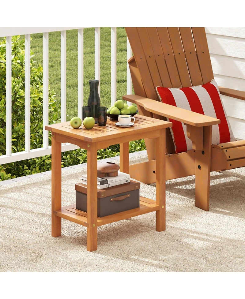 Gouun 2-Tier Outdoor Acacia Wood Side Table with Slatted Tabletop and Storage Shelf, 19.5 in