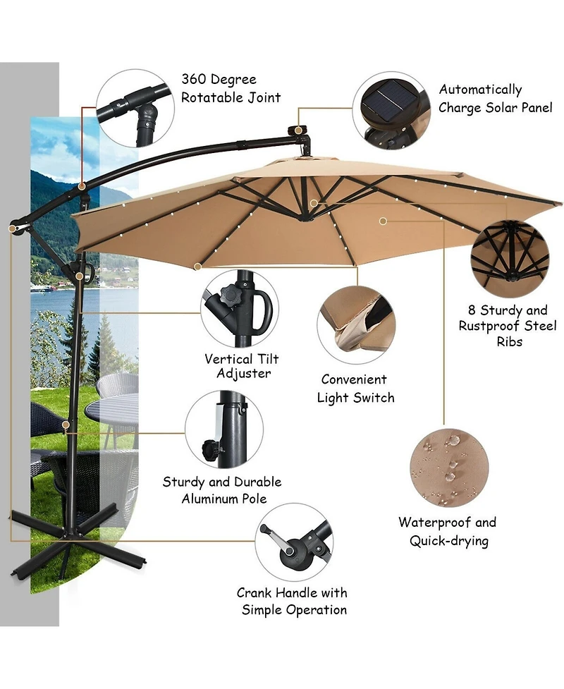 Sugift 10 ft Solar Led Offset Patio Umbrella with 360 Degree Rotation
