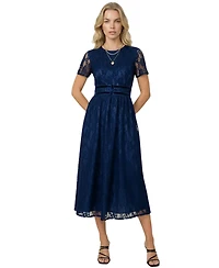 Modenaire Women's Lace Midi Dress with Sheer Short Sleeves and Velvet Waistband