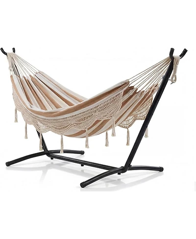 gaomon 450 Lbs Capacity Portable Double Hammock with Stand for Outdoor Patio Backyard Poolside, Tan Stripes, Tan Stripes