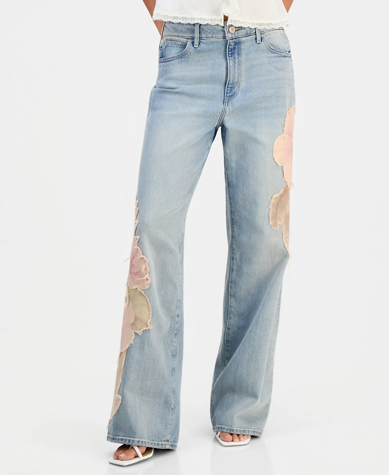 Guess Women's Rey Floral Applique Wide-Leg Jeans