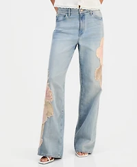 Guess Women's Rey Floral Applique Wide-Leg Jeans