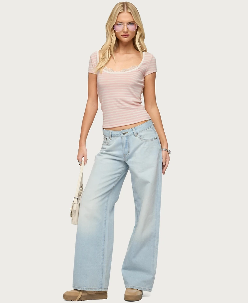 Edikted Women's Layered Lacey Striped T Shirt