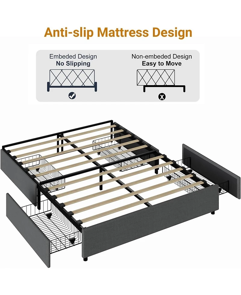 gaomon Platform Bed Frame with 4 Storage Drawers, Linen Fabric Upholstered Wooden Slats Support, No Box Spring Needed, Noise Free