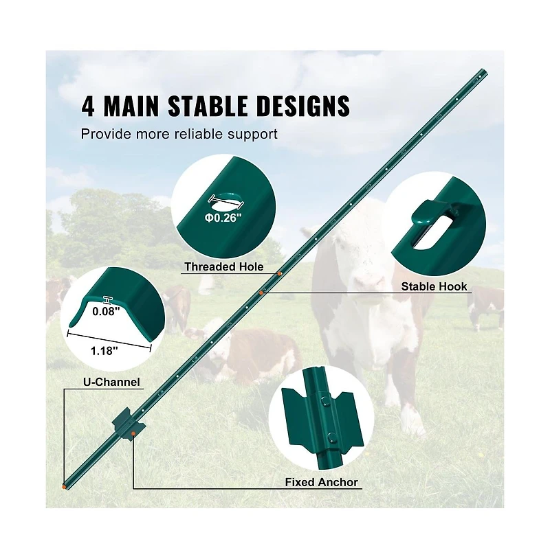 Sugift 6 feet U-Channel Fence Post 6 Pack Heavy Duty Steel Stakes