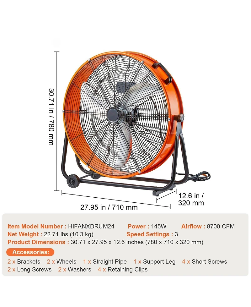 Mecale 24 Inch Industrial Drum Fan 8600 Cfm 3-Speed Heavy Duty Floor