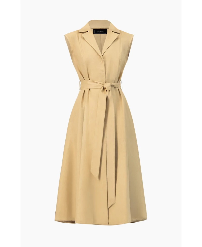 Ivonne Women's Long Linen Dress with Waist Tie