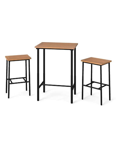 Sugift 3 Pieces Acacia Wood Patio Bar Set Rectangular Table with Metal Frame
