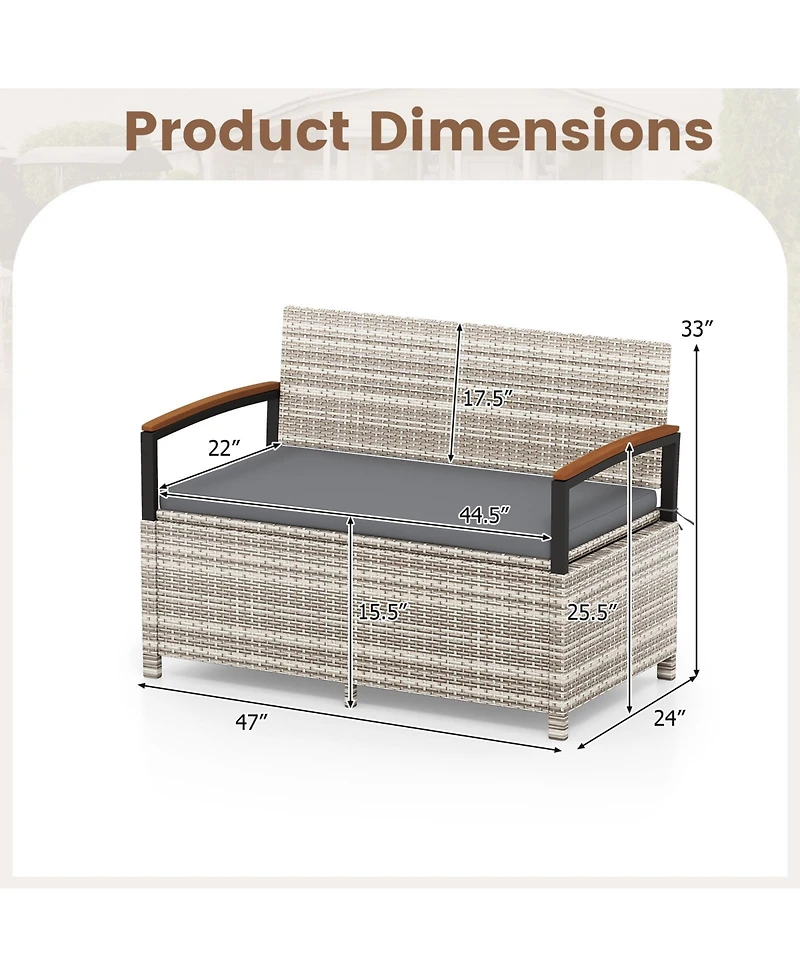 Gymax Outdoor Storage Bench w/Cushion Backrest and Acacia Wood Armrests Hidden Storage
