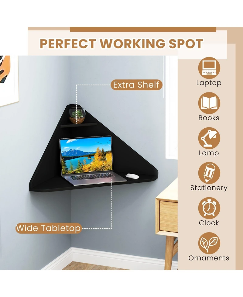 Sugift Floating Triangular Corner Computer Desk with Storage Shelf