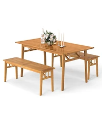 Sugift 63 in Acacia Wood Outdoor Dining Table with Two Benches