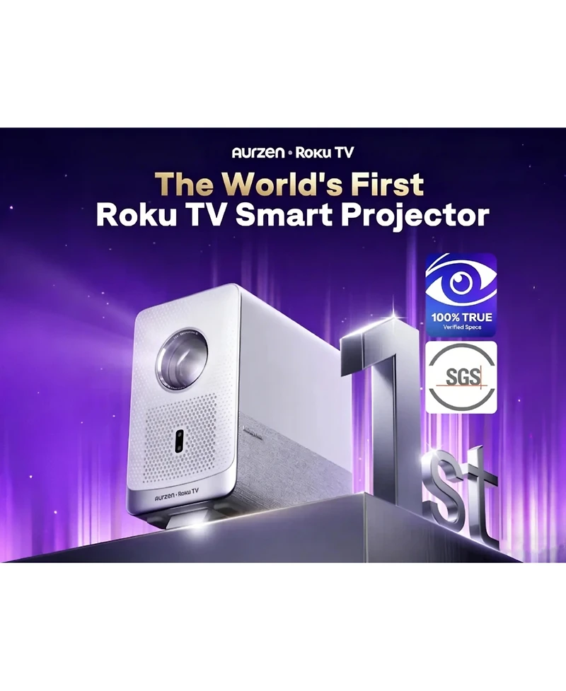Aurzen Portable Smart Projector with Roku Tv Built-In, Native 1080P, Sealed Optical Engine, DoIby Audio, Home and Outdoor Movie Projector