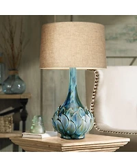 Possini Euro Design Modern Tropical Table Lamp with Usb Dimmer 29 1/2" Tall Blue Green Ceramic Beige Drum Shade for Bedroom Living Room House Bedside